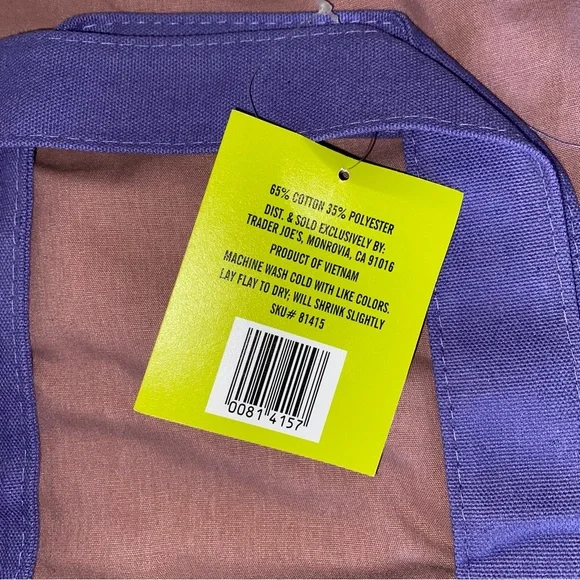 NWT TRADER JOE'S Purple Canvas Tote Bag - Picture 2 of 3